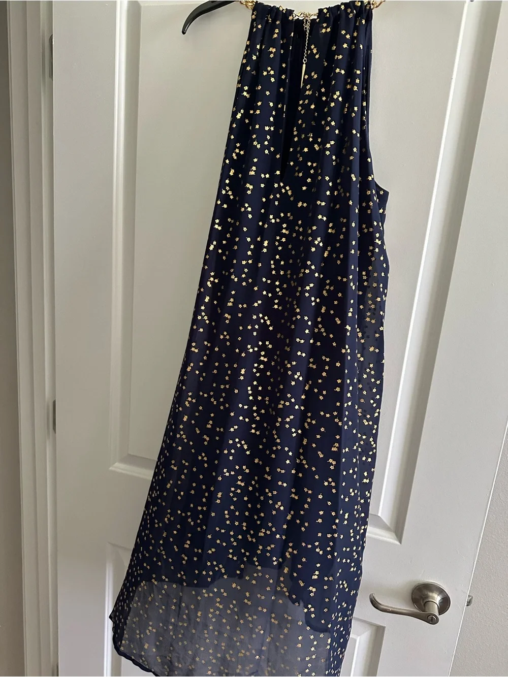 Michael Kors Chain Neck Metallic Print Trapeze Dress in True Navy and Gold Foil